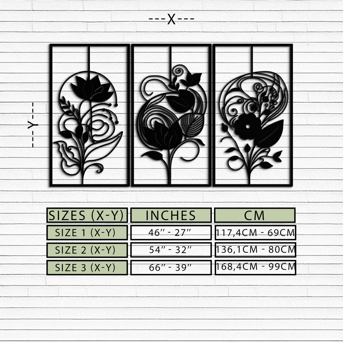 Black Metal Floral Panel Trio - Elegant Botanical Wall Art Set