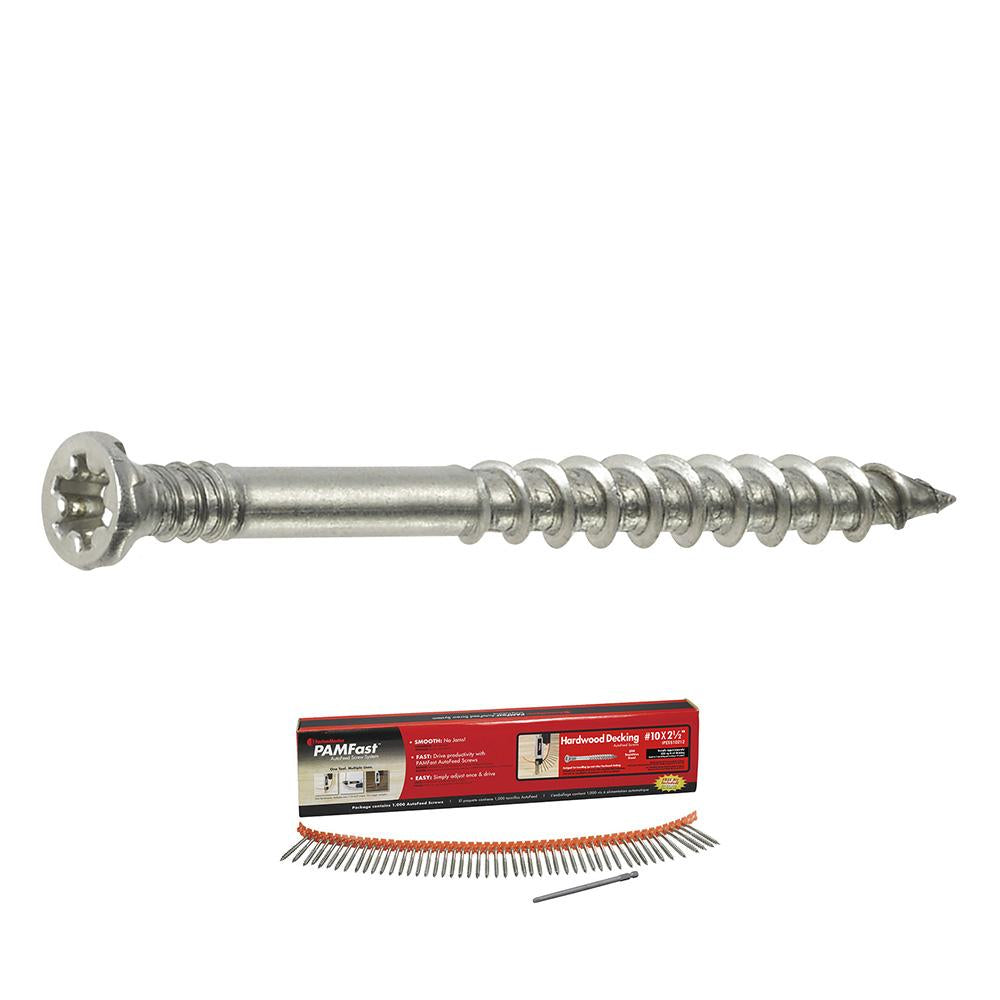 10 x 3 - PAMFast Nibbed Flat Trim Head 304 Stainless Steel Ipe/Hardwood Autofeed Deck Screws - Carton (1000)