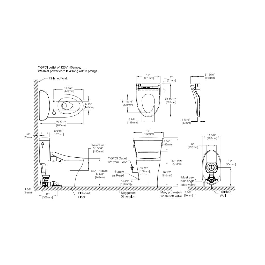 TOTO Aquia IV Arc - Washlet+ C5 Complete Dual Flush Two Piece Toilet - Floor Mount - 19" MW4483084CEMFGN#01 Vitreous China/Cotton