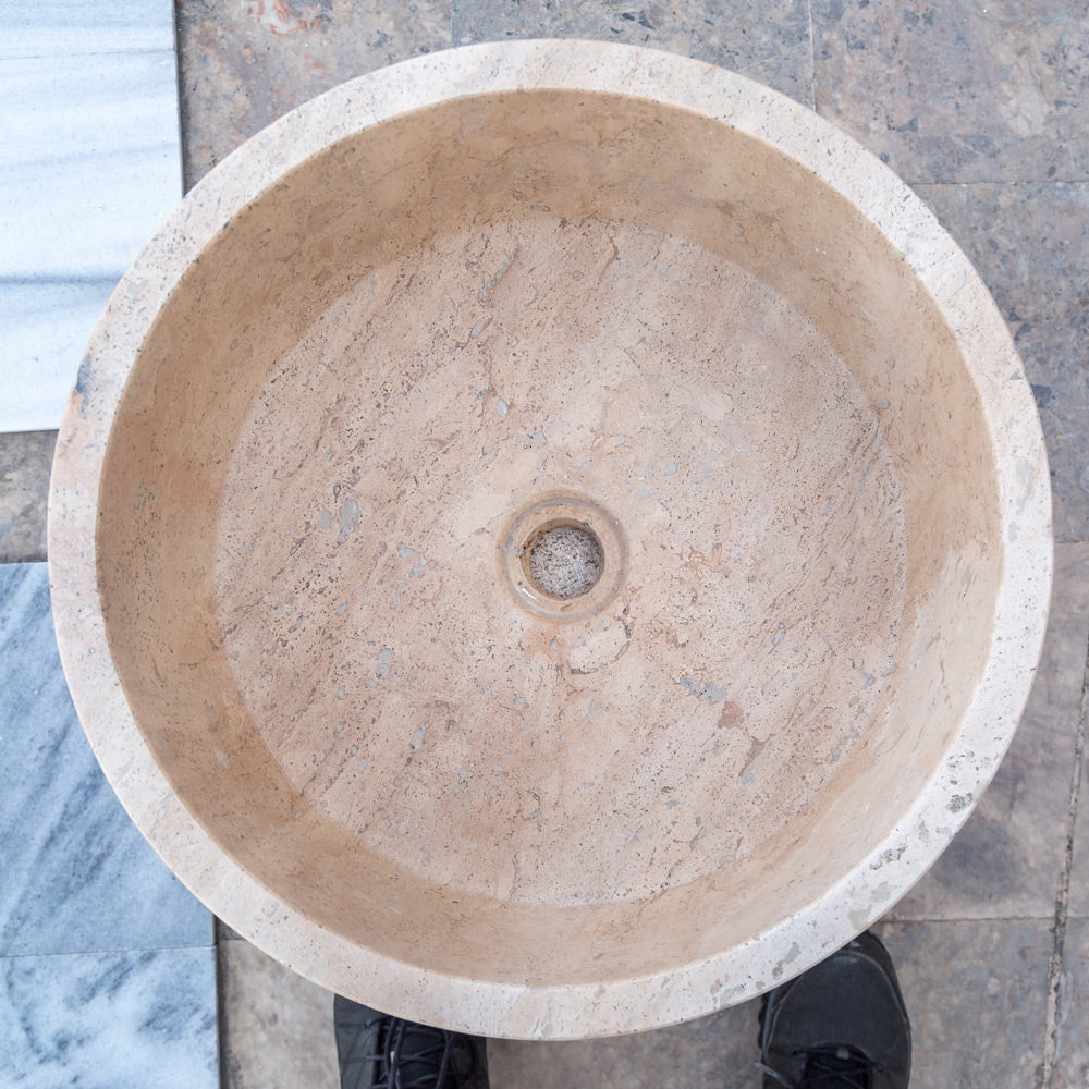 Beige Turkish Travertine Natural Stone Vessel Sink - Honed 16 Inch Diameter 6 Inch