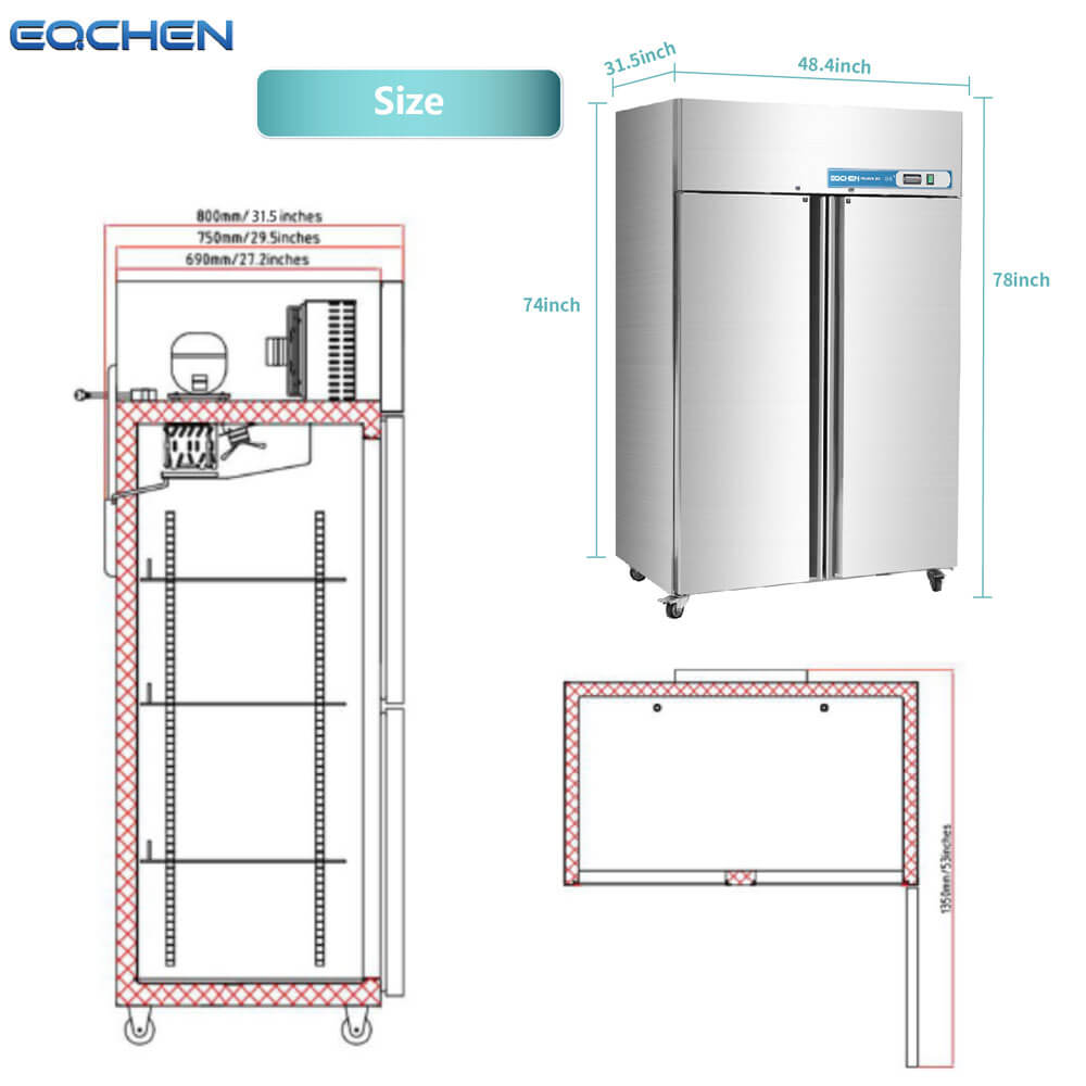 Commercial Reach in Freezer, 2 door 36 Cu.ft Stainless Steel Commercial Reach in Solid door Upright Fan Cooling Freezer