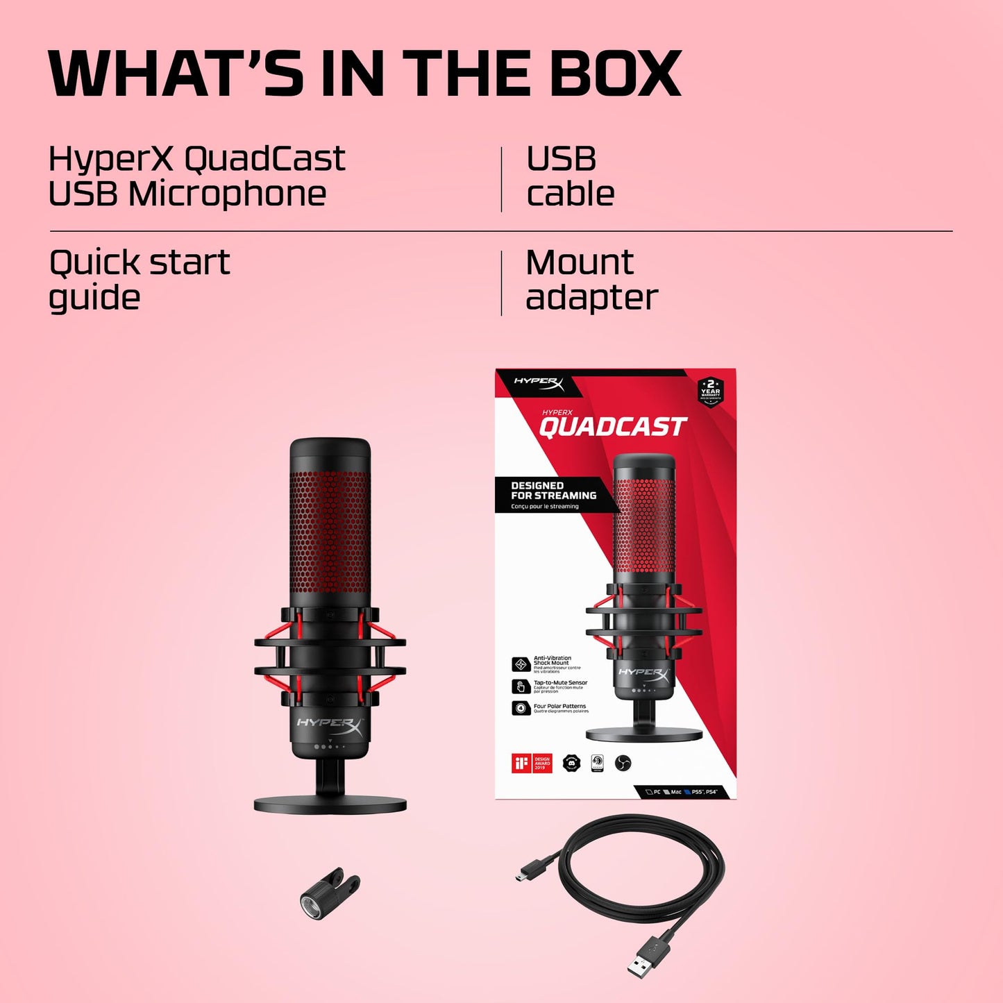 HyperX QuadCast 2 – USB Microphone for Gaming, Streaming and Podcasting, with On-Board Controls, LED Lighting, Removable Shock Mount, PC, Mac, PS5, PS4, USB-C - Black