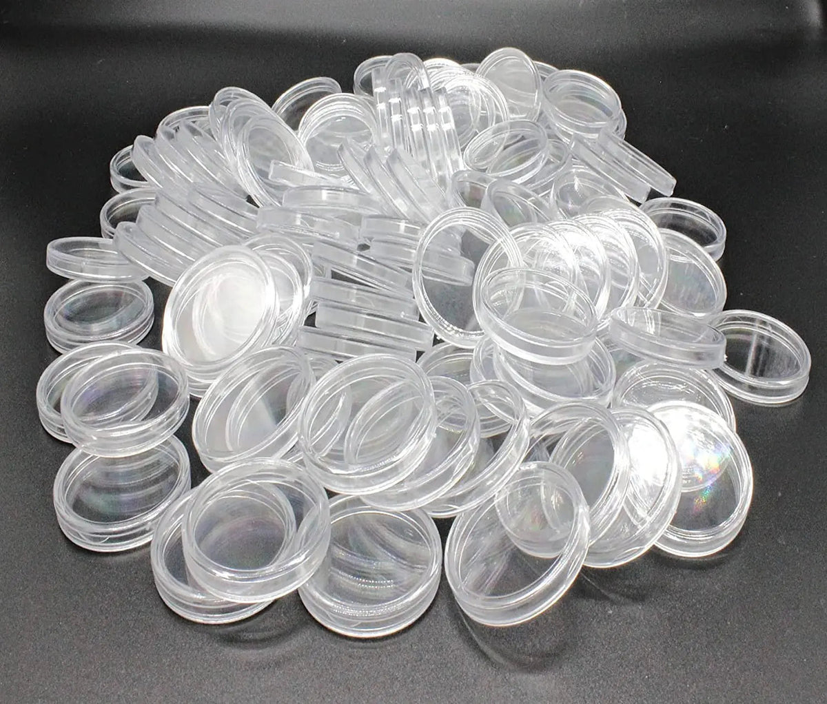 100 Pieces Case Holder for Collectors 30mm Silver Gold Bar Plastic Rounds Coins Capsules Covers with Storage Organizer Box for Copper Pesos Quarters Pennies Dimes Collection Supplies
