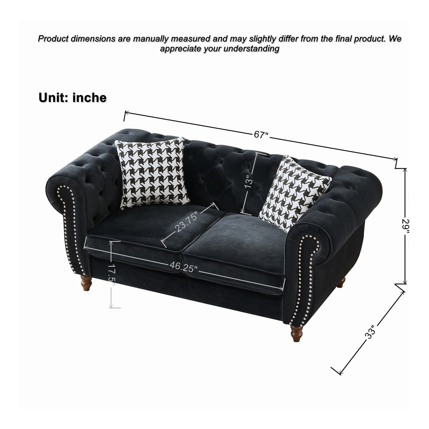 Chesterfield 3 And 2 Seater Upholstery Sofa With Roll Armrest & Nailhead Fabric Couch