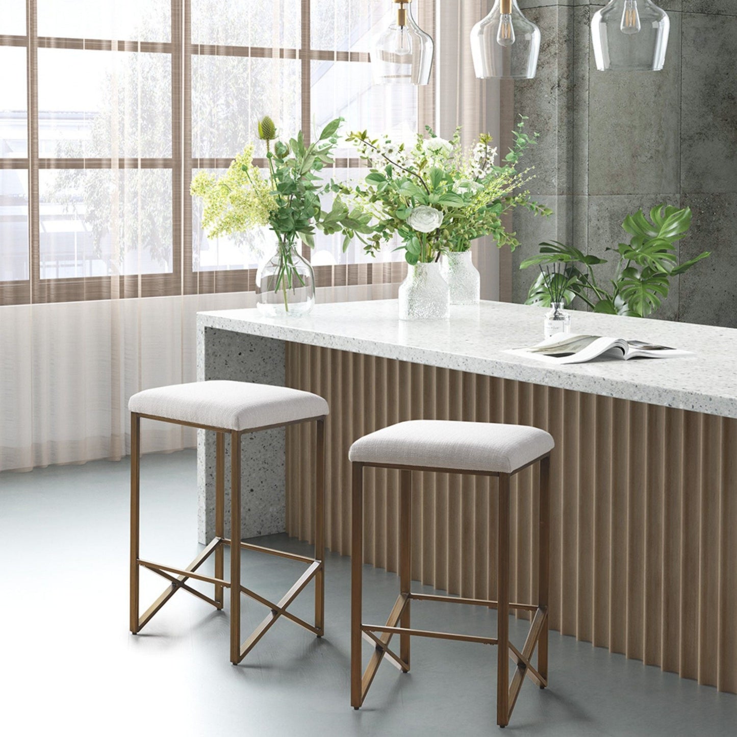 Backless Upholstered Counter Stool With Padded Seat - Ivory / Bronze