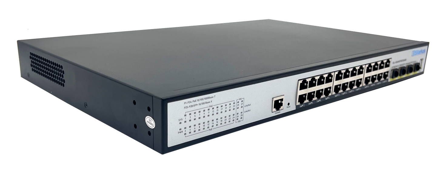 Silarius SIL-B24M3POE1G400 24 Ports 10/100/1000Mbps Gigabit Layer 3 Managed PoE+ switch with 4 Ports 10G SFP+ Uplink, 1 Console, 6KV surge protection, 400W, rack mount installation