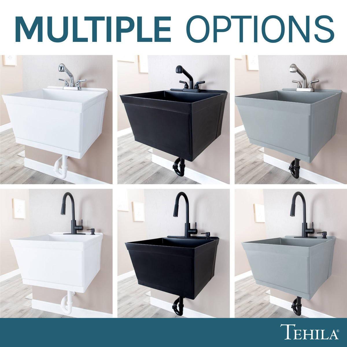 Tehila Standard Wall-Mounted Black Utility Sink with Black Finish Pull-Down Faucet