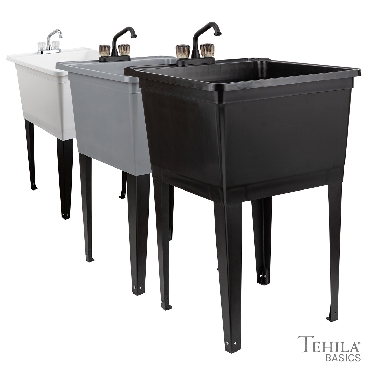 Tehila Basics Freestanding White Utility Sink with Chrome Finish Dual Handle Utility Faucet