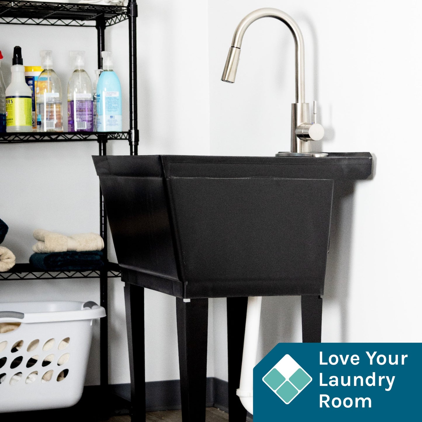 Tehila Standard Freestanding Black Utility Sink with Stainless Steel Finish High-Arc Pull-Down Faucet