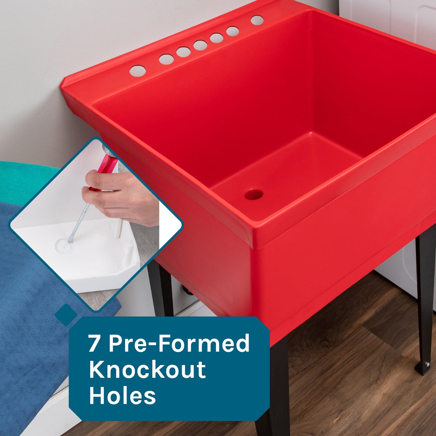 Tehila Standard Freestanding Red Utility Sink with Black Legs and Stainless Steel Finish Wide-set Gooseneck Faucet with Side Sprayer