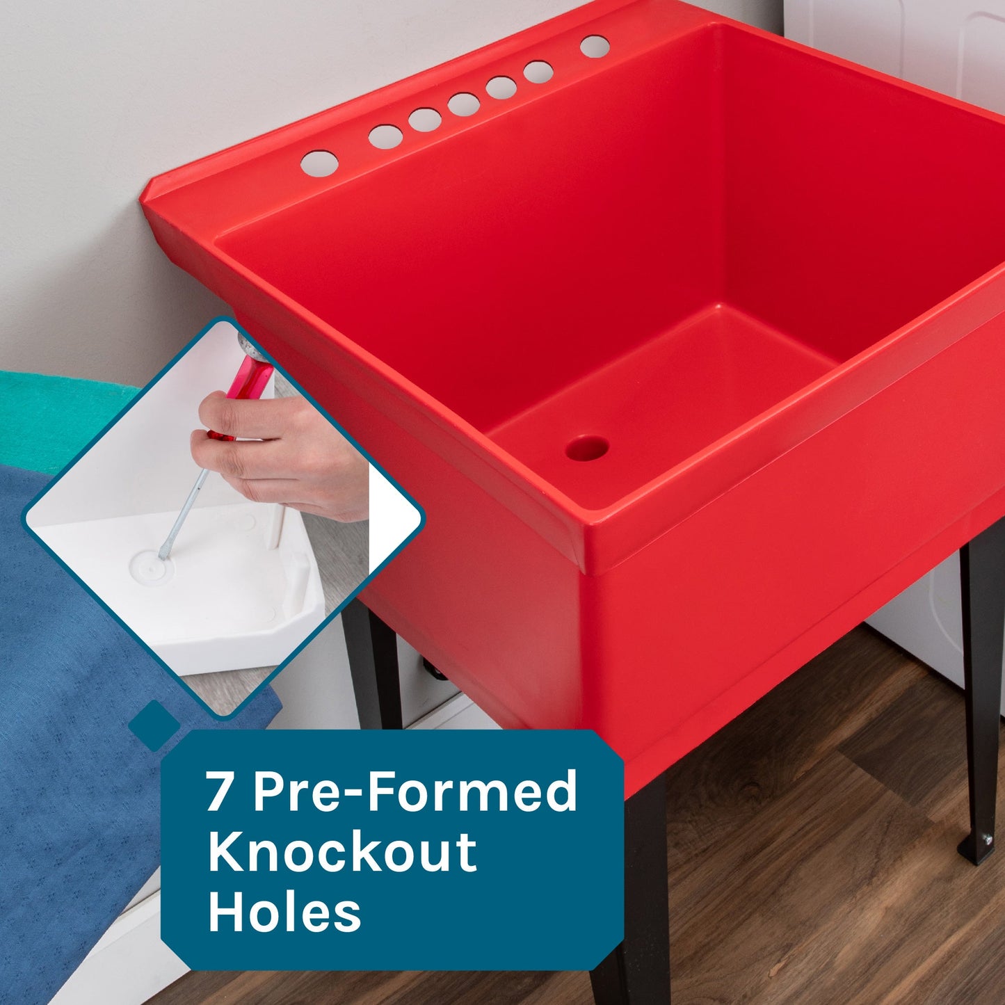 Tehila Standard Freestanding Red Utility Sink with Stainless Steel Finish High-Arc Coil Pull-Down Faucet