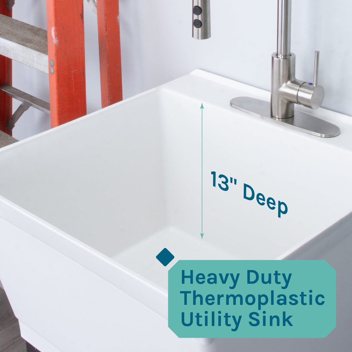Tehila Standard Freestanding White Utility Sink with Stainless Steel Finish High-Arc Coil Pull-Down Faucet