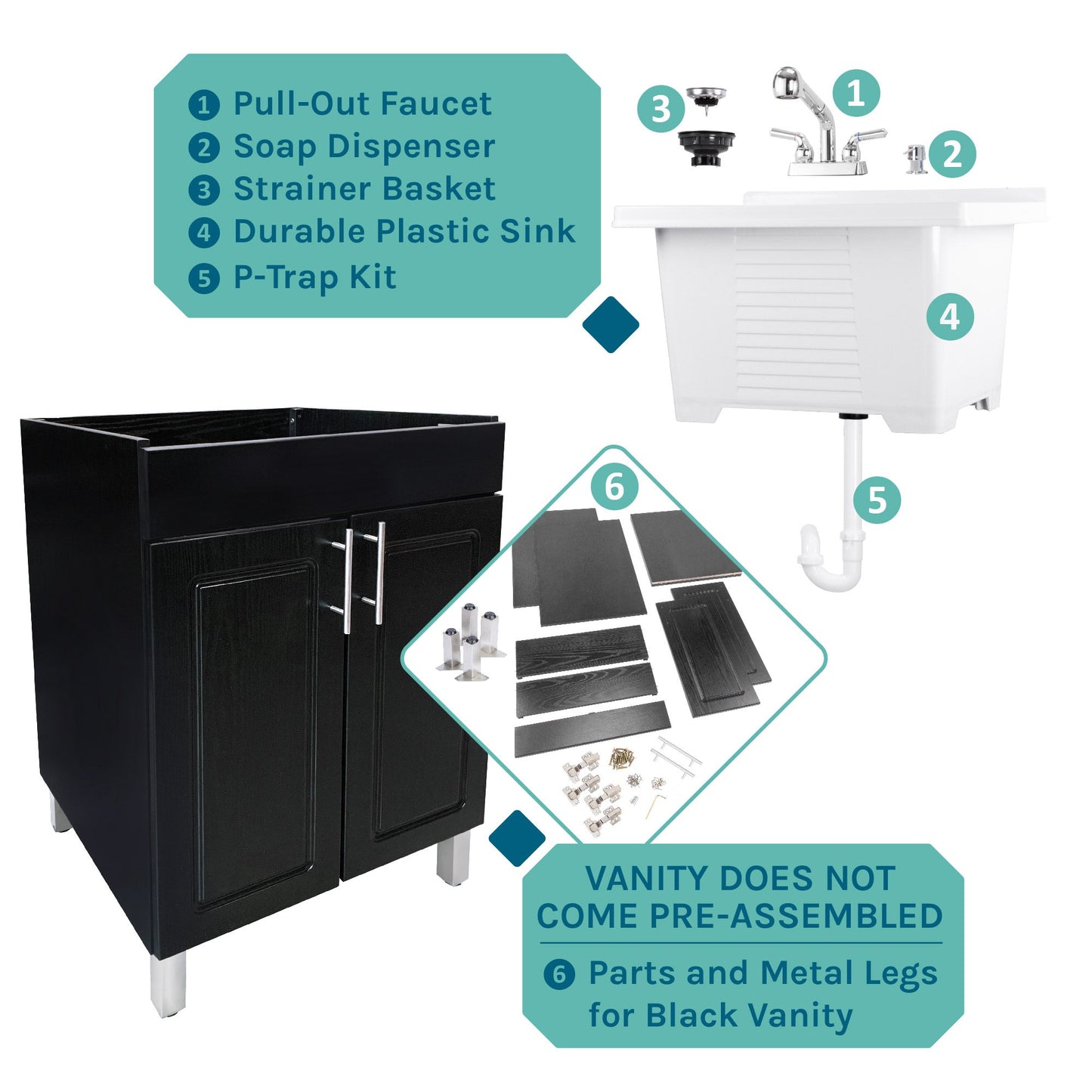 Tehila Black Vanity Cabinet and White Utility Sink with Chrome Finish Pull-Out Faucet