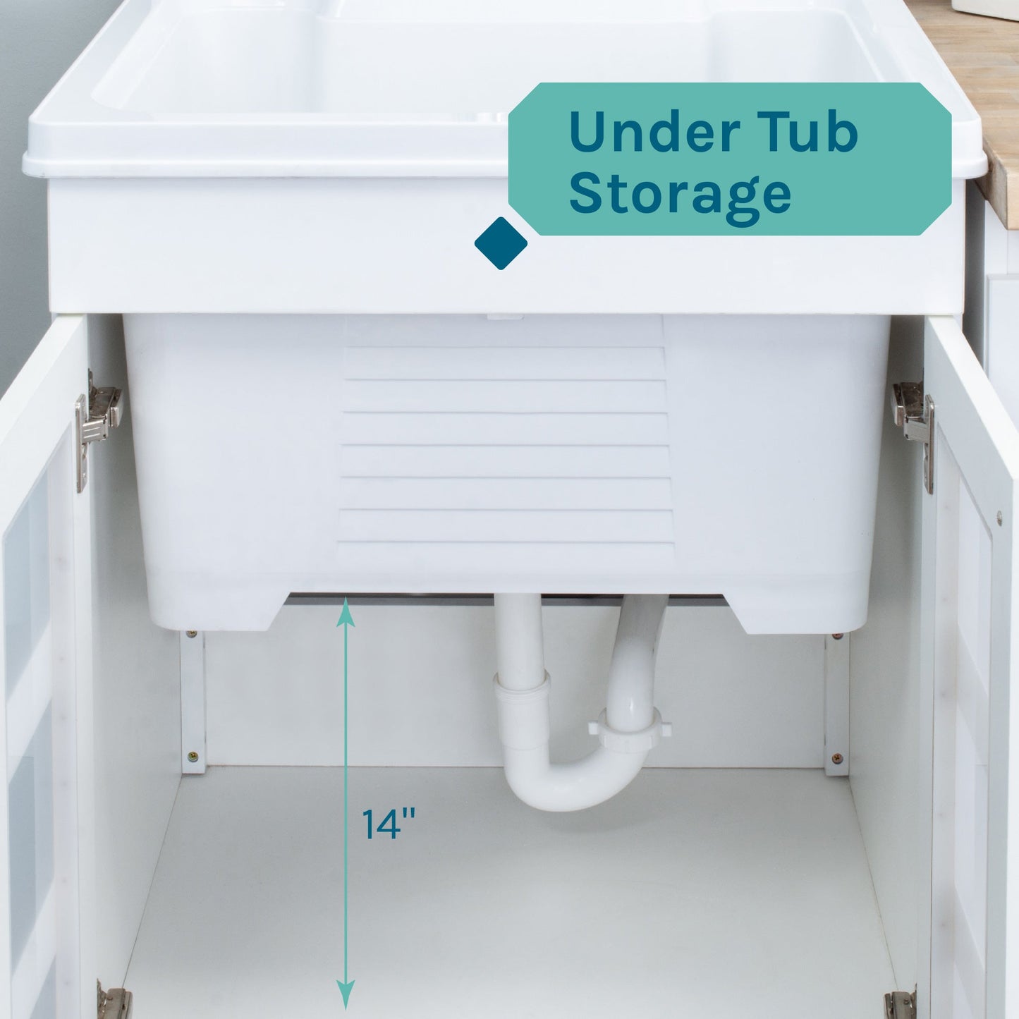 Tehila White Vanity Cabinet and White Utility Sink with Black Finish High-Arc Coil Pull-Down Faucet