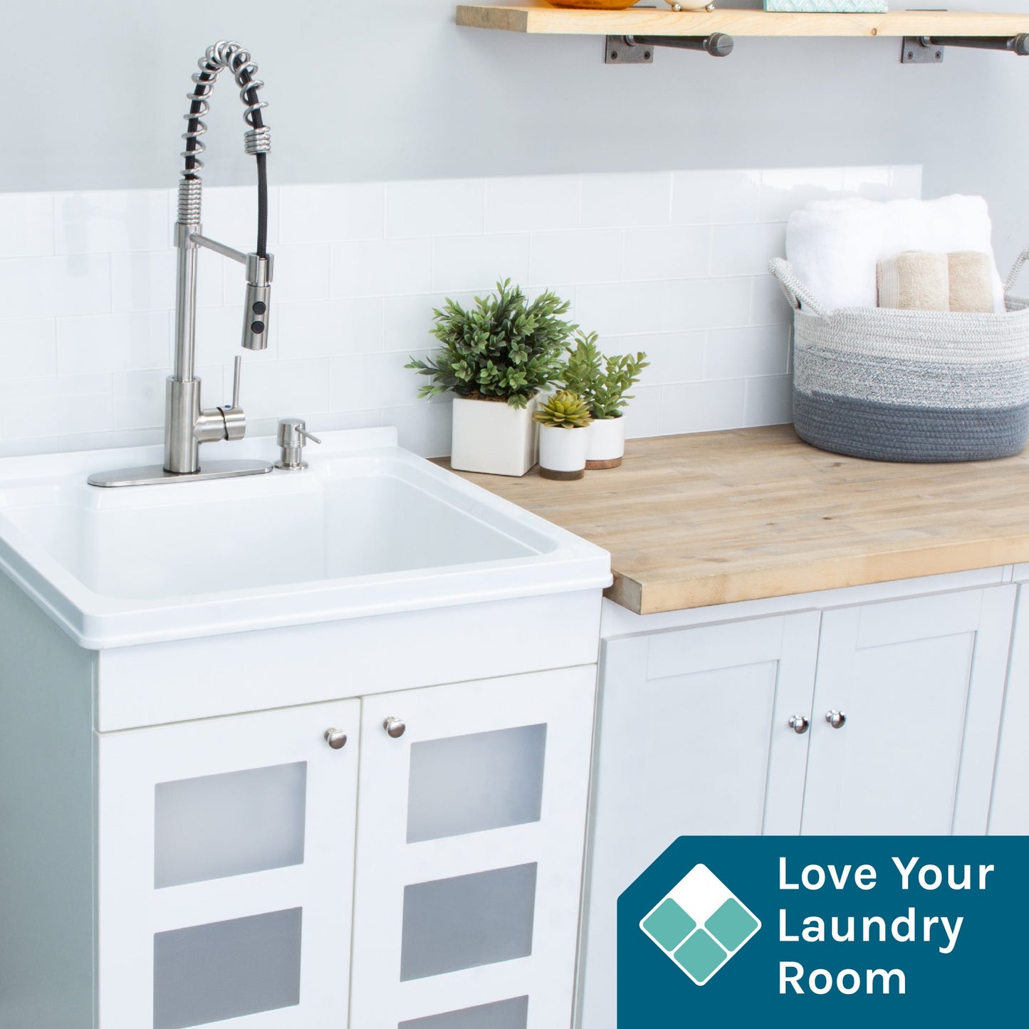 Tehila White Vanity Cabinet and White Utility Sink with Stainless Steel Finish High-Arc Coil Pull-Down Faucet