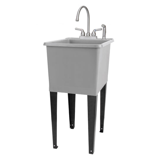 Tehila Space Saver Freestanding Grey Utility Sink with Stainless Steel Finish Gooseneck Faucet and Side Sprayer