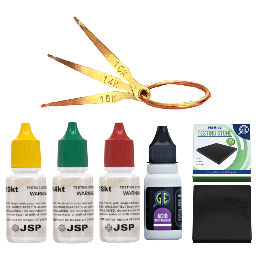 Gold Testing Kit 10K, 14K, 18K Acids, Test Needles & Stone