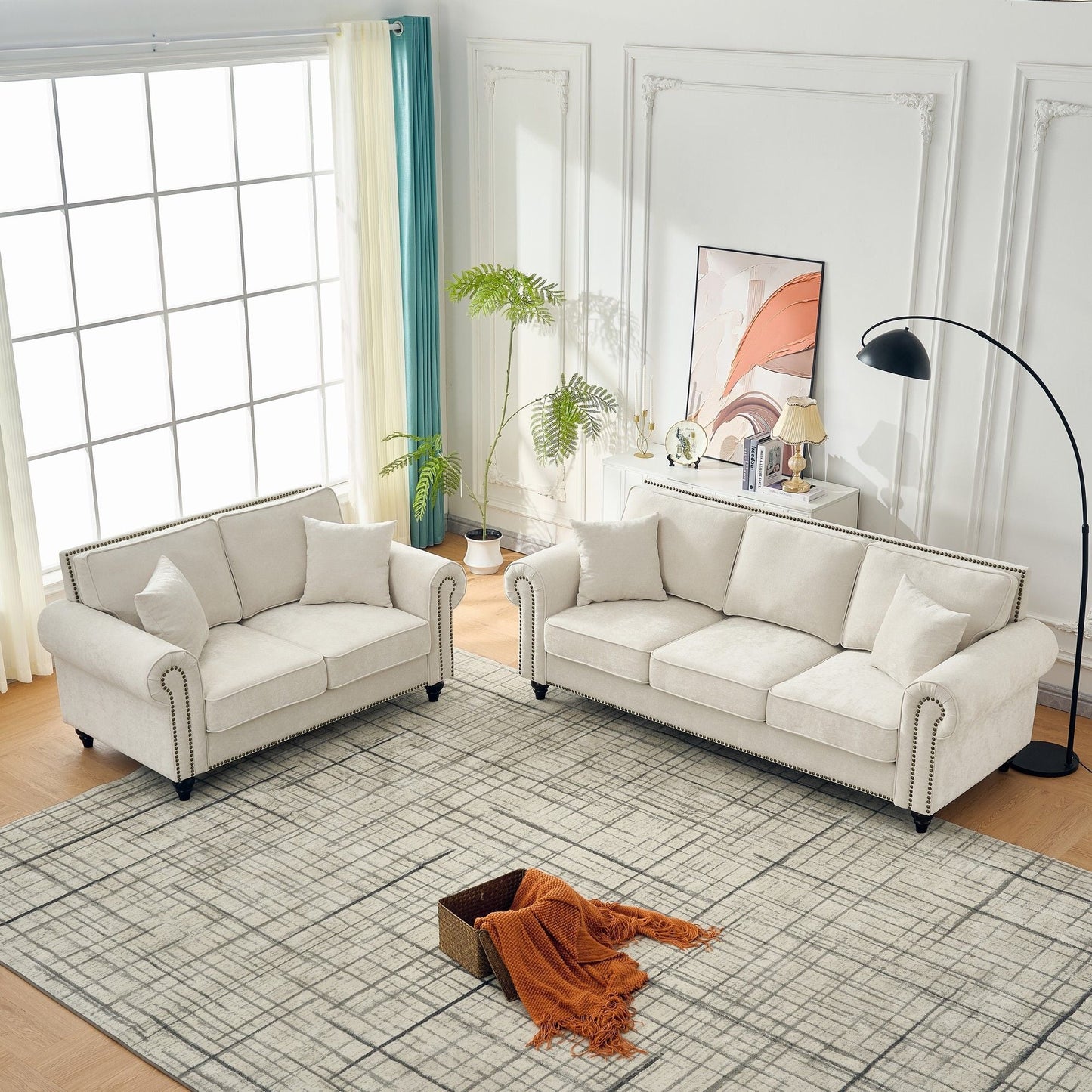 3 Seater Sofa With Tufted Upholstery, Rolled Arms, Nailhead Trim