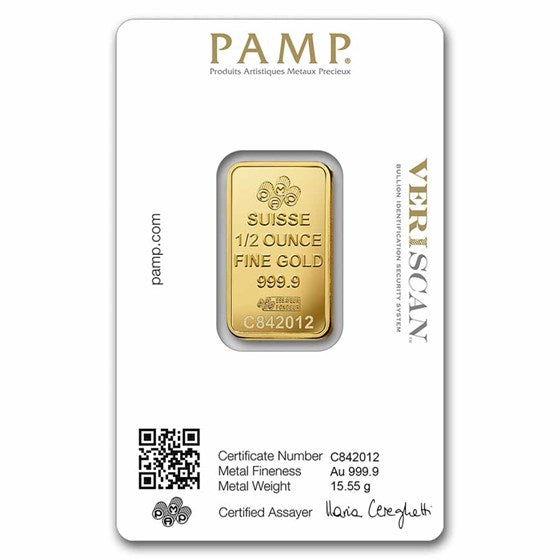 1/2 oz Gold Bar PAMP Lady Fortuna Veriscan .9999 Fine In Assay