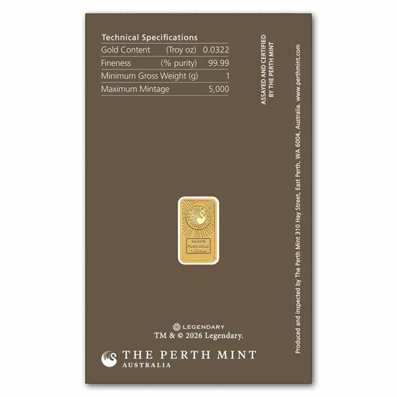 1 Gram Gold Dune Bar Perth Mint .9999 Fine In Assay 0.0322 Oz