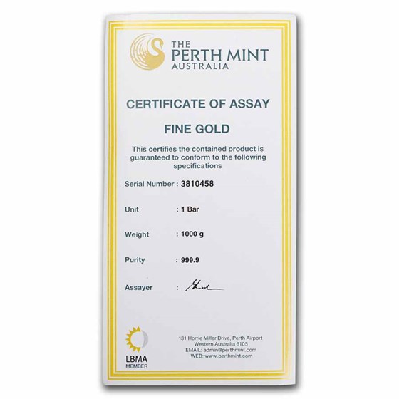 1 Kilo Gold Bar Perth Mint Cast-Poured .9999 Fine 32.15 Oz