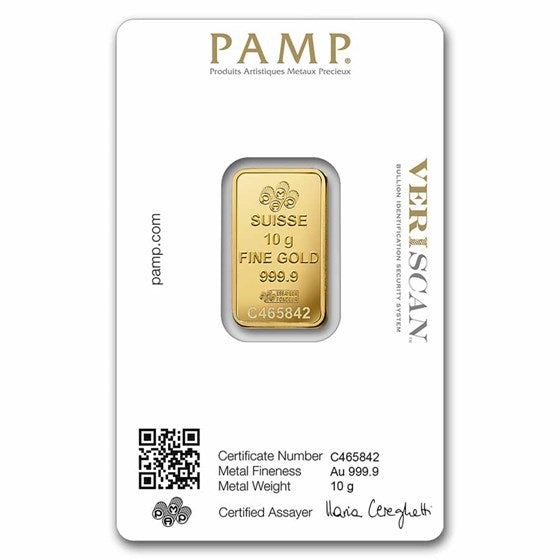 10 Gram Gold Bar PAMP Lady Fortuna Veriscan .9999 Fine In Assay