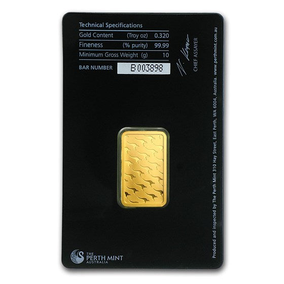 10 Gram Gold Bar Perth Mint .9999 Fine In Assay 0.3215 Oz