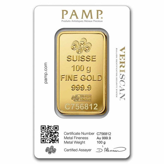100 Gram Gold Bar PAMP Lady Fortuna Veriscan .9999 Fine In Assay 3.215 Oz