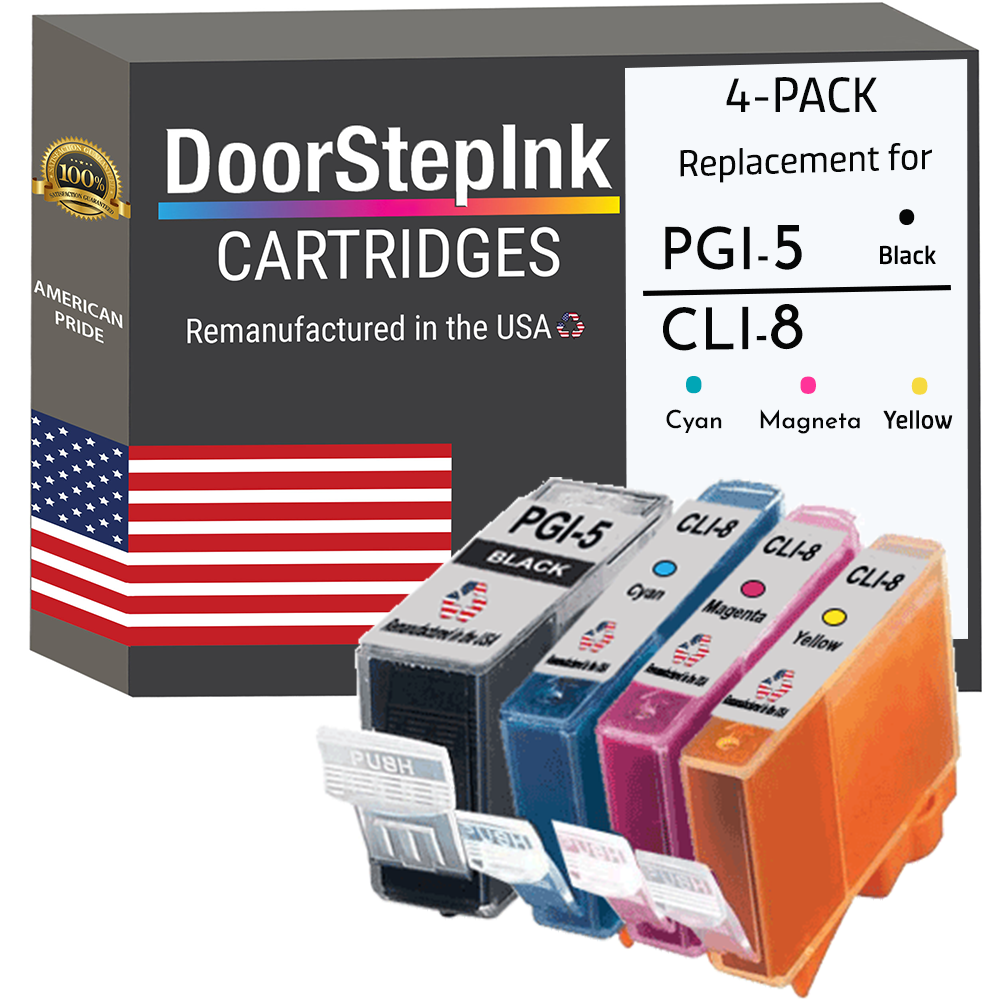 DoorStepInk Remanufactured in the USA Ink Cartridges for Canon PGI-5 Black / CLI-8 3 Color 4-Pack