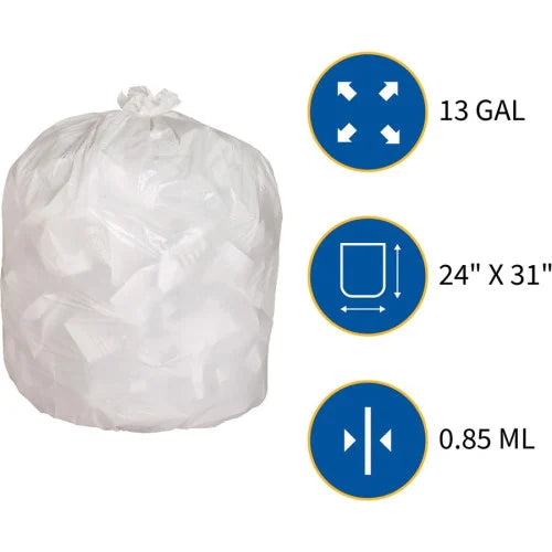Heavy-Duty Tall Kitchen Trash Bags Small Size - 13 gal Capacity - 31" Length x 24" Width x 0.85 mil (22 Micron) Thickness - Low Density - White - Kitchen - Recycled - 150/Box - 1 / Carton (GJO02312)