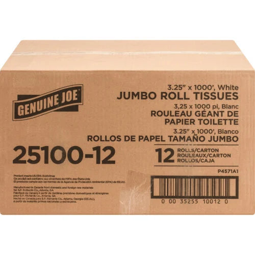Genuine Joe® Jumbo Toilet Paper, 2-Ply, 1,000-ft., 12 Rolls 2 Ply - 3.25" Width x 1000 ft Length - 9" Roll Diameter - 3 19/64" Core - White - 12 / Carton (GJO2510012)