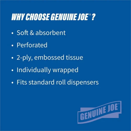 Genuine Joe® Standard Toilet Paper, 2-Ply, 500 Sheets, 96 Rolls 2 Ply - 4" Width x 3.20" Length - 500 Sheets/Roll - 1 5/8" Core - White - 96 Box (GJO2550096)