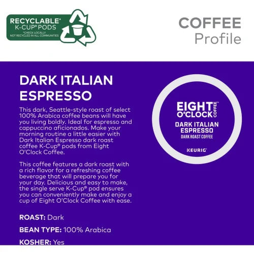 Eight O'Clock® K-Cup Dark Italian Espresso Coffee Compatible with Keurig Brewer - Dark - K-Cup - Italian Roast, Arabica - 24 / Box (0631)