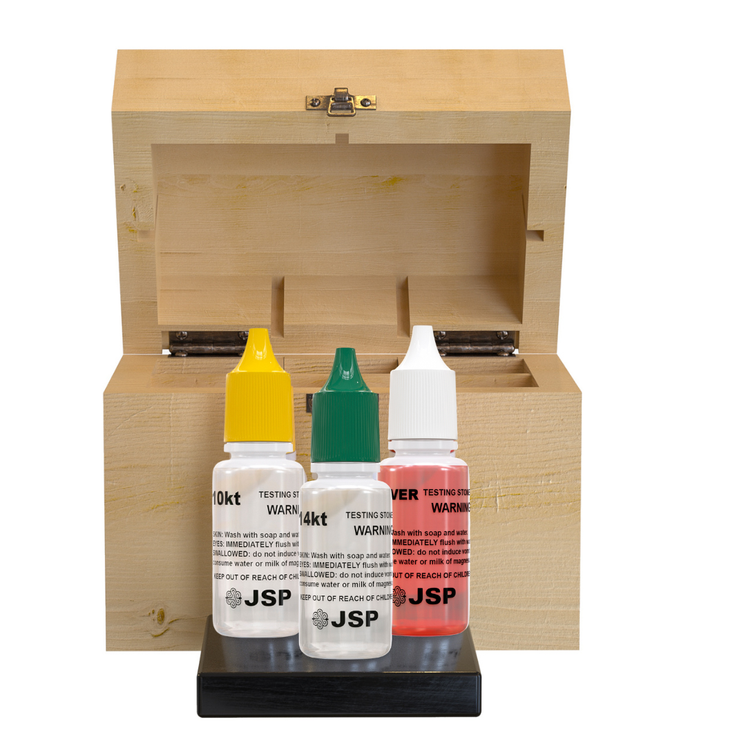 JSP 10k 14k Gold & Silver Sterling Testing Acid Solutions Kit for Jewelry W/ Bamboo Storage Box