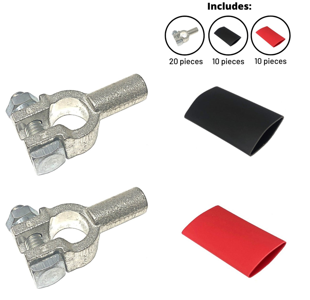 Positive and Negative Pure Copper Top Post Battery Cable Ends Terminal Connectors with Dual Wall Adhesive Heat Shrink Tubing