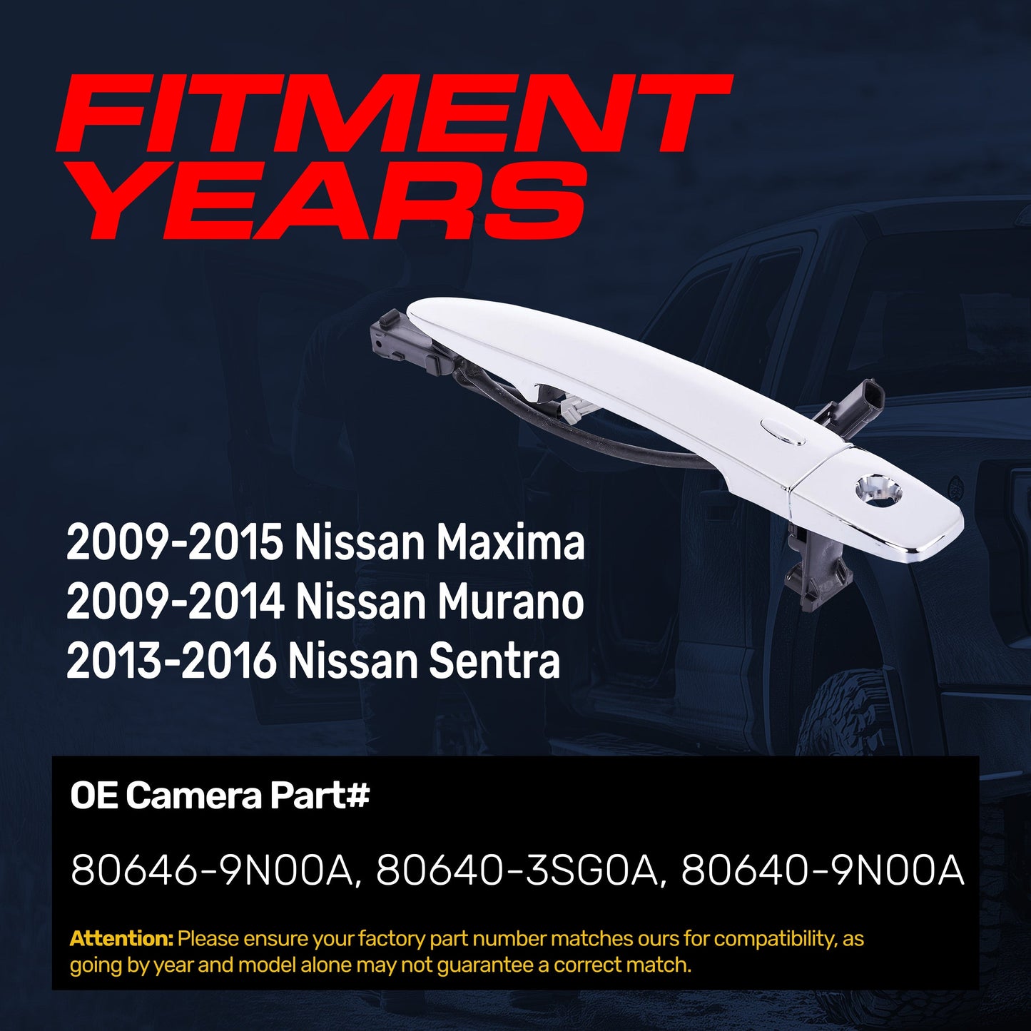 Exterior Door Handle Chrome Replacement for Nissan Maxima (09-15), Murano (09-14), Sentra (13-16) OE Part # 80646-9N00A, 80640-3SG0A, 80640-9N00A | Front Left Driver Side