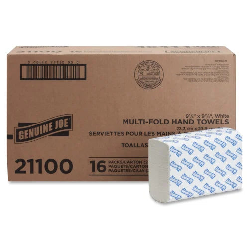 Genuine Joe® Multifold Paper Towels, 250 Towel Packs, 16 Packs 1 Ply - Multifold - 9.20" Width x 9.40" Length - White - 250/Pack - 16 / Carton (GJO21100)