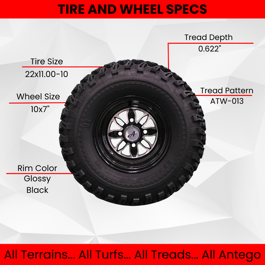 22x11.00-10 with 10x7 Fusion Glossy Black Wheels for Golf Cart (Qty: 1)