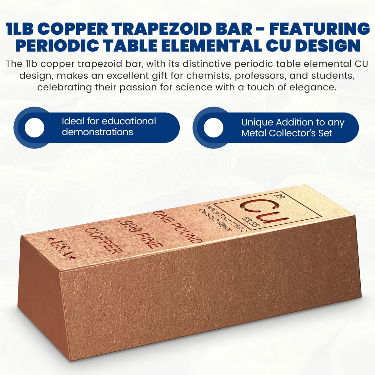 1 Pound Copper Bullion Bar Ingot Paperweight - 999 Pure Chemistry Element Design with Certificate of Authenticity