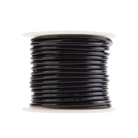 12 AWG Gauge Solid THHN Wire, 100 ft Length, Black, 0.119" Diameter, 600 Volts, Building Wire