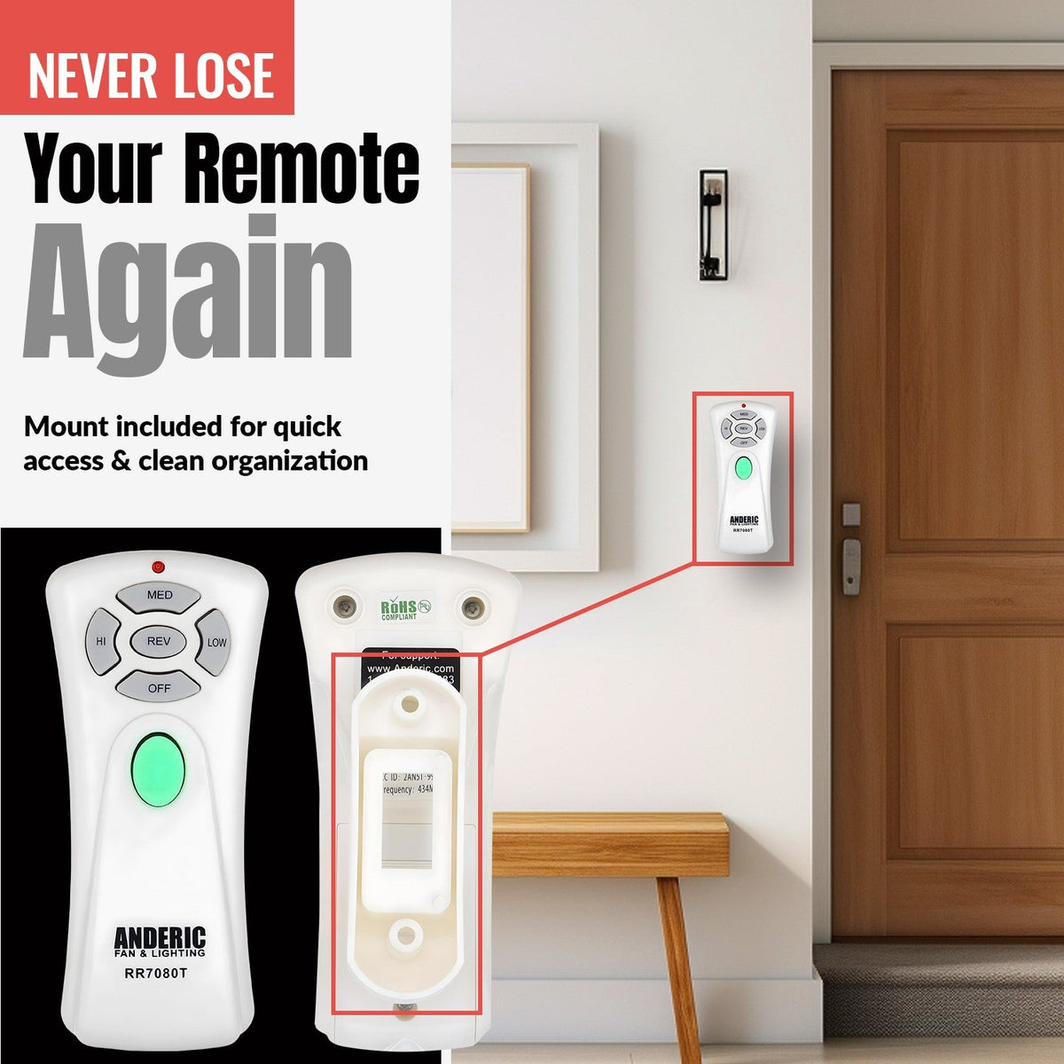 Anderic Substitute for allen + roth UC7080T1 Ceiling Fan Remote Control [RR7080T]