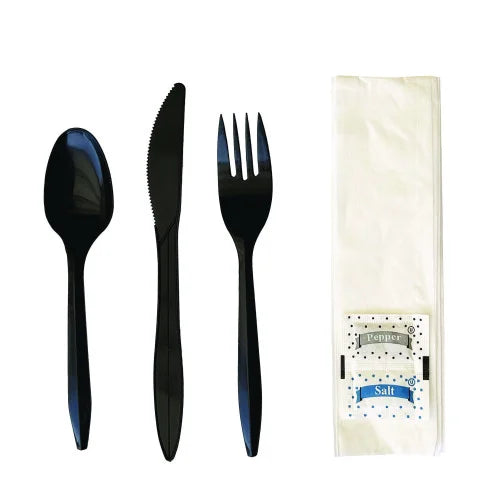 Boardwalk Six-Piece Cutlery Kit, Fork/Knife/Napkin/Pepper/Salt/Spoon, Black, 250/Carton (BWKCOMBO6KIT)