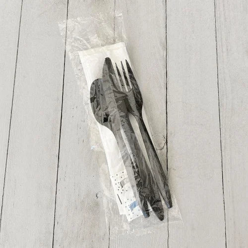 Boardwalk Six-Piece Cutlery Kit, Fork/Knife/Napkin/Pepper/Salt/Spoon, Black, 250/Carton (BWKCOMBO6KIT)