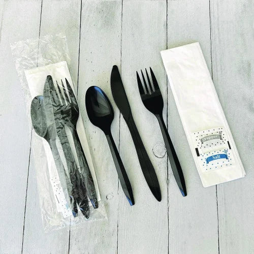 Boardwalk Six-Piece Cutlery Kit, Fork/Knife/Napkin/Pepper/Salt/Spoon, Black, 250/Carton (BWKCOMBO6KIT)