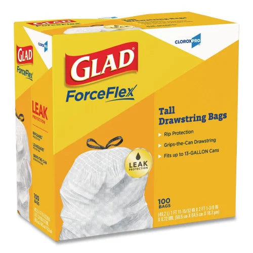 Glad Tall Kitchen Drawstring Trash Bags, 13 gal, 24" x 27.38", Gray, 100/Box (78526)