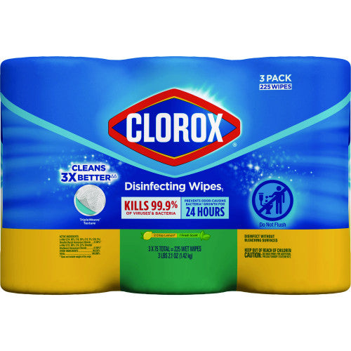 Clorox Disinfecting Wipes, 1-Ply, 7 x 8, Fresh Scent/Citrus Blend, White, 75/Canister, 3 Canisters/Pack (30208PK)