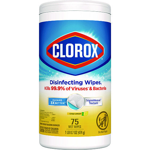 Clorox Disinfecting Wipes, 1-Ply, 7 x 7.75, Crisp Lemon, White, 75/Canister, 6 Canisters/Carton (01628)