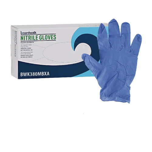 Boardwalk® Disposable Nitrile Gloves, Medium, Blue, 4 mil, 100/BX (BWK380MBXA)