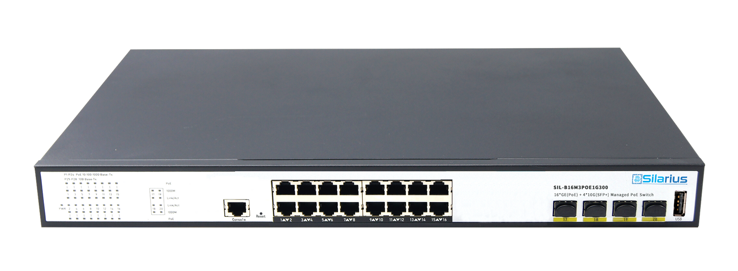 Silarius SIL-B16M3POE1G300 16 Ports 10/100/1000Mbps Gigabit Layer3 Managed PoE+ switch with 4 Ports 10G SFP+ Uplink,1USB, 1 Console, 6KV surge protection,300W,rack mount installation