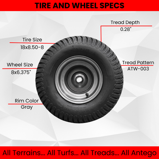 18x8.50-8 Tire with 8x6.375 Wheel Assembly (Set of 2) Ariens 07101130, Fits Ikon-X, Gravely ZTX Zero Turn Mowers *Due to supply, we may substitute 18x9.50 tires*